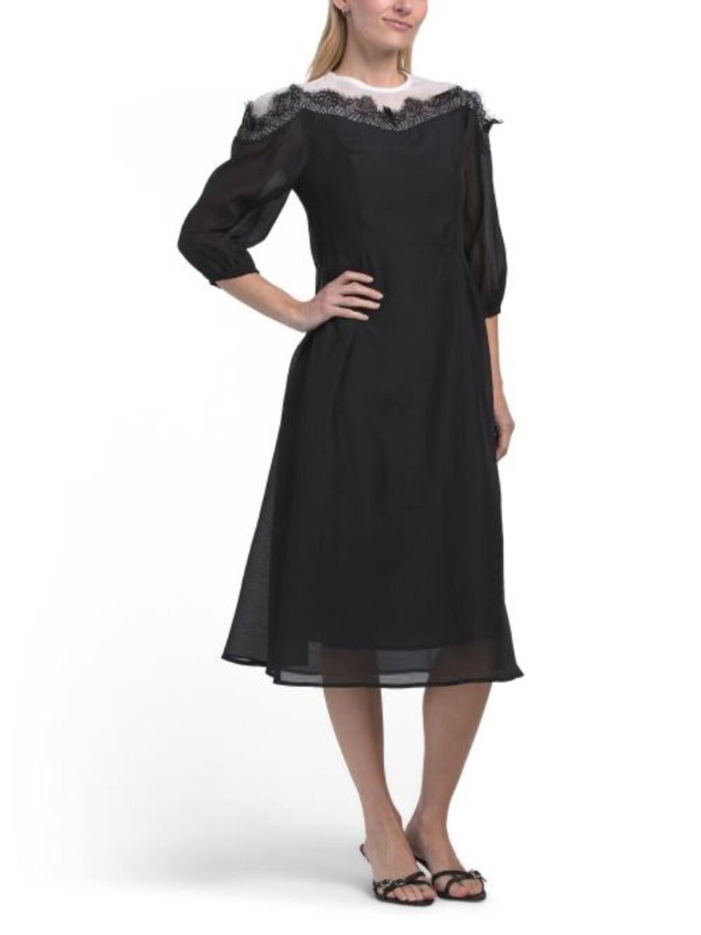 NANCY YANG Lace Trim Midi Dress